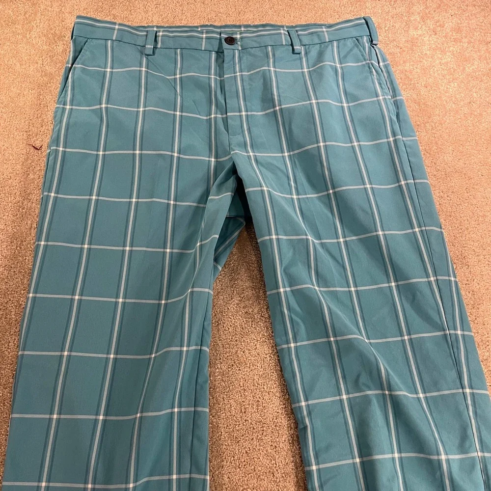 IZOD Golf Pants Mens 40x30 Aqua Blue Windowpane Plaid Flat Front Trousers